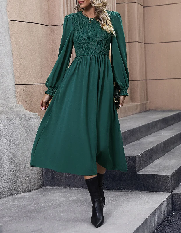 Solid-color Round Neck Mid-Waist Ruffle Hem Long A-Line Dresses