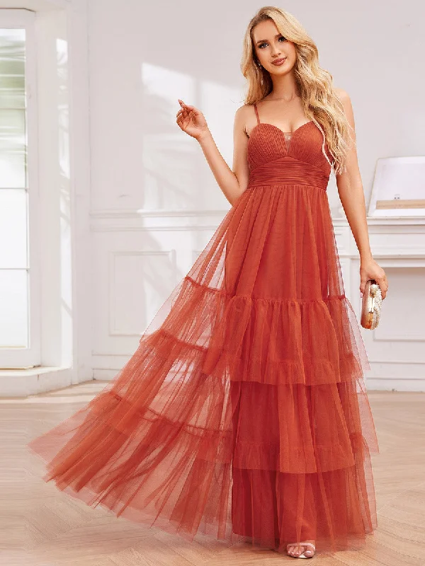 Romantic Spaghetti Straps Sweetheart Neckline See-Through A-Line Layered Tulle Dress