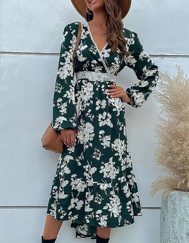 Floral Printed V Neck Mid-waist Asymmetrical Midi A-Line Dresses
