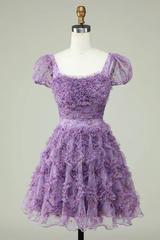 Floral A Line Purple Homecoming Dress with Ruffles