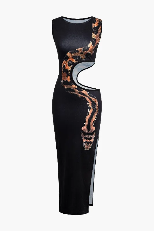 Snake Print Cut Out Sleeveless Slit Maxi Dress Crew Neckline Casual