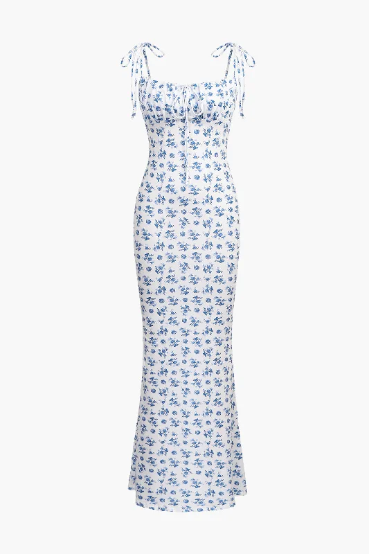 Floral Print Tie Strap Maxi Dress Tunic Top Casual