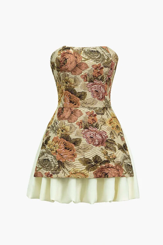 Floral Print Strapless Patchwork Slit Mini Dress Tunics Hiking breathable