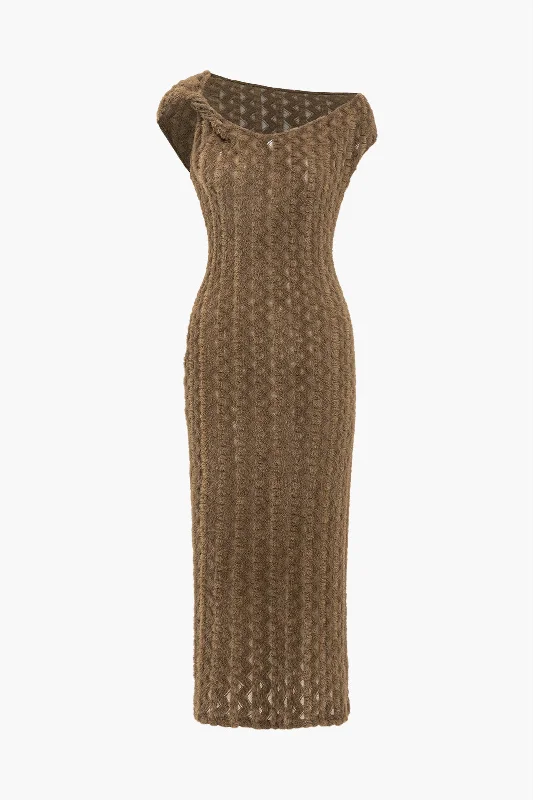 Solid Textured Asymmetrical Twist Knot Midi Dress Tunics Stylish elegant