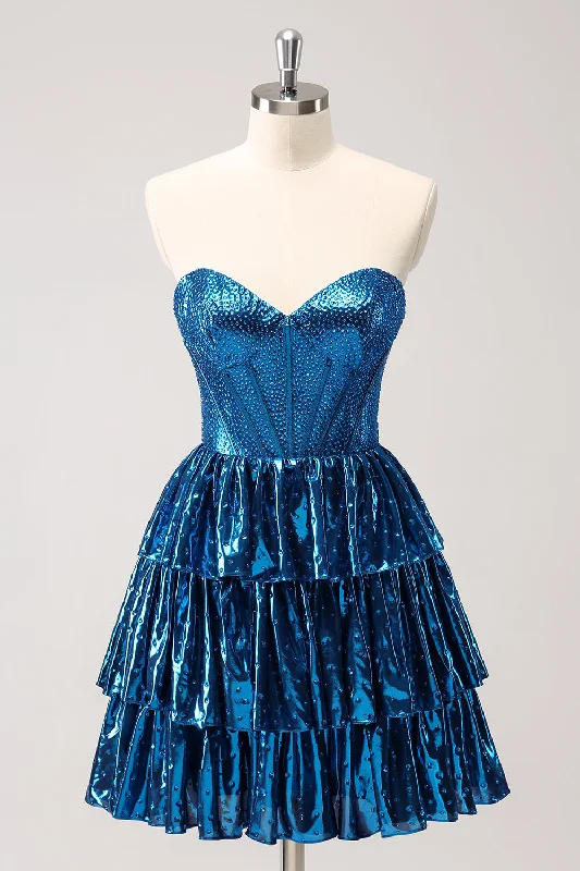 Peacock Blue A Line Strapless Corset Tiered Short Homecoming Dress