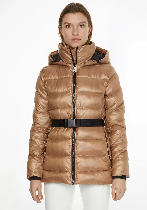 Calvin Klein Womens Belted Quilted Jacket, Safari Canvas