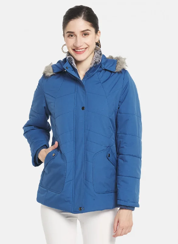 Women Blue Self Design Jacket Front Pockets Side Pockets Patch Pockets