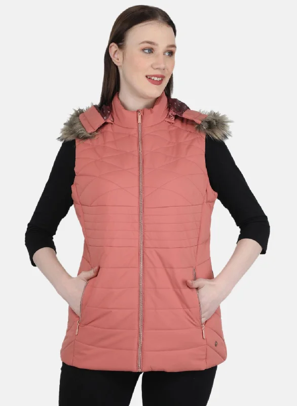 Women Pink Solid Jacket Tiered Jacket Buttoned Jacket Zippered Jacket