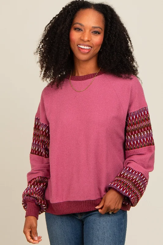 Mauve Knit Contrast Sleeve Pullover