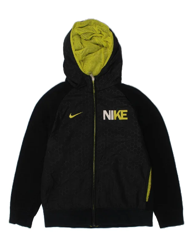 NIKE Boys Graphic Zip Hoodie Sweater 10-11 Years Medium Black Geometric