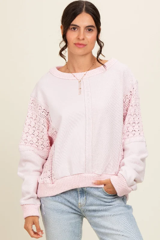Pink Lace French Terry Top Hoodie with Bell Sleeves Flared Feminine