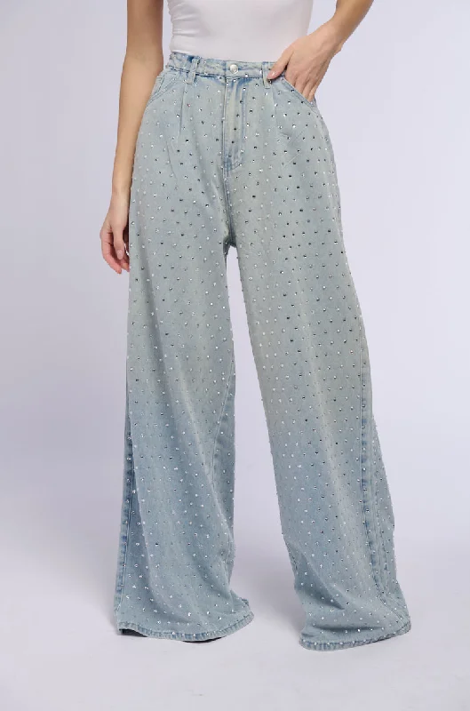 DAZZLED RHINESTONE STUDDED EXTRA LONG DENIM PANTS Stretchy Capri Pants