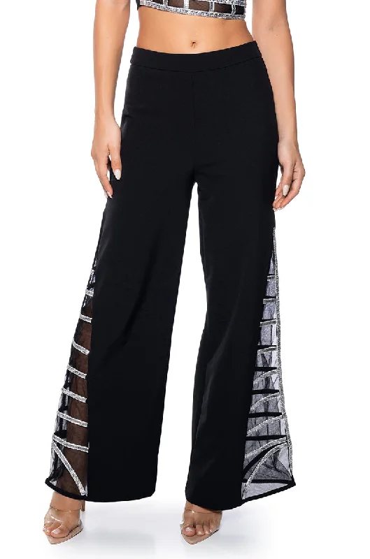 PREMIER RHINESTONE MESH PANEL SATIN WIDE LEG PANT