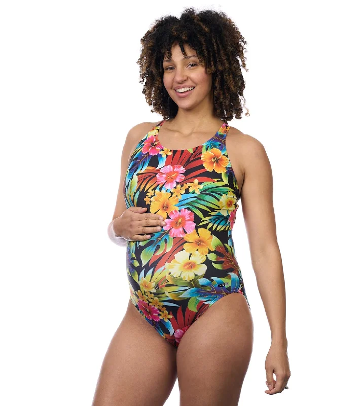 EQ Swimwear Women's Tropical Hawaiian Harmony Extra Long Torso One Piece Swimsuit Black Strap Bikini Set