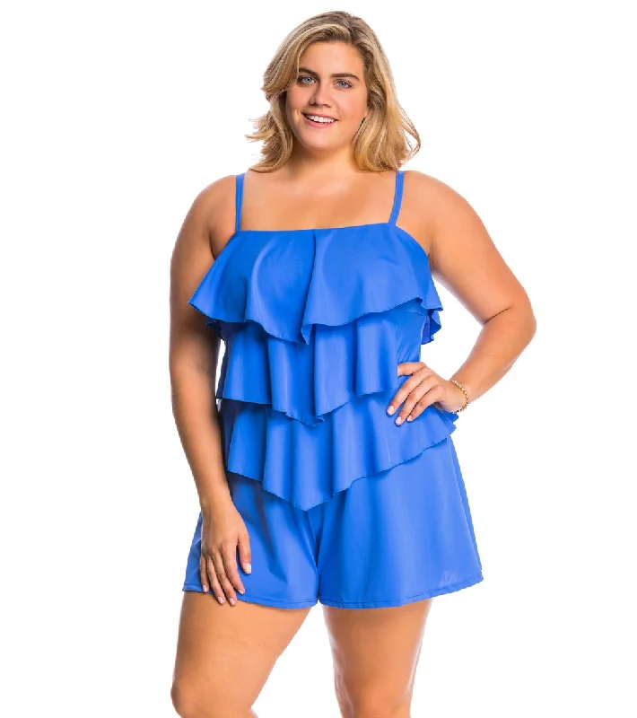 Fit4U Swimwear Plus Size Solid Tiered Swim Romper Vintage Swimwear Look