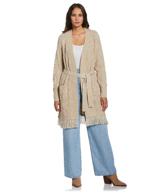 Fringe Duster Sweater Ribbed Turtleneck Knit