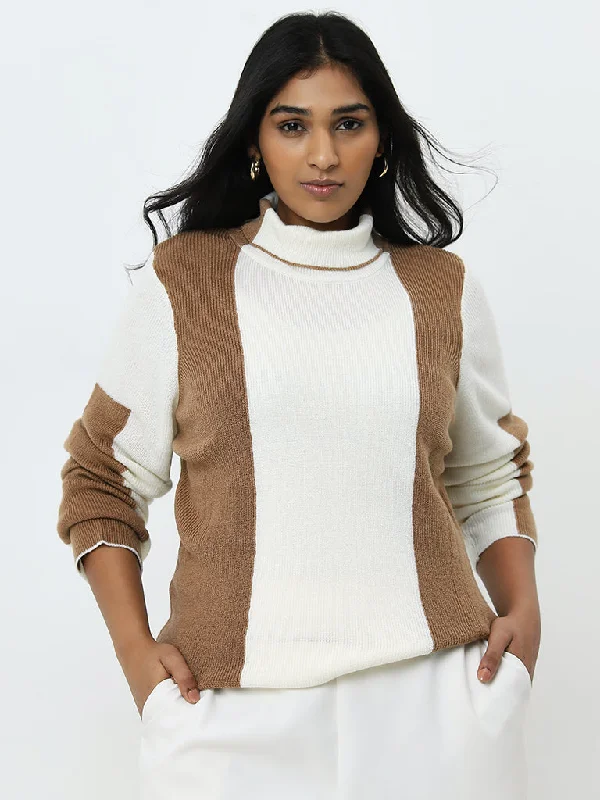 Gia Beige & White Colour Blocked Sweater Women's Boutique Suit