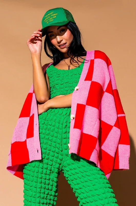 Love You Oversized Checkerboard Cardigan in Red + Pink Classic Winter Knit