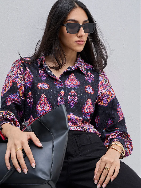 LOV Black Schiffli-Detailed Cotton Shirt New Women's Blazer