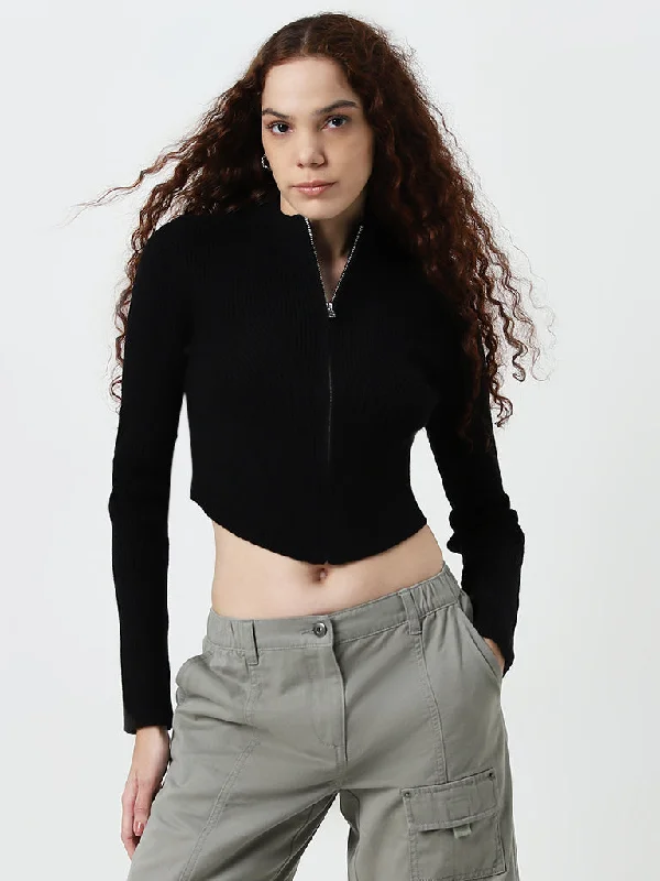 Nuon Black Ribbed Textured Jacket Women's Luxurious Jacket