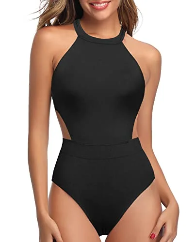 Cutout High Neck One Piece Swimsuit Tummy Control For Teen Girls-Black High-Cut One-Piece
